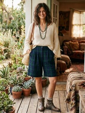 Vintage Wool Shorts Joan Leslie Navy and Forest Green Plaid